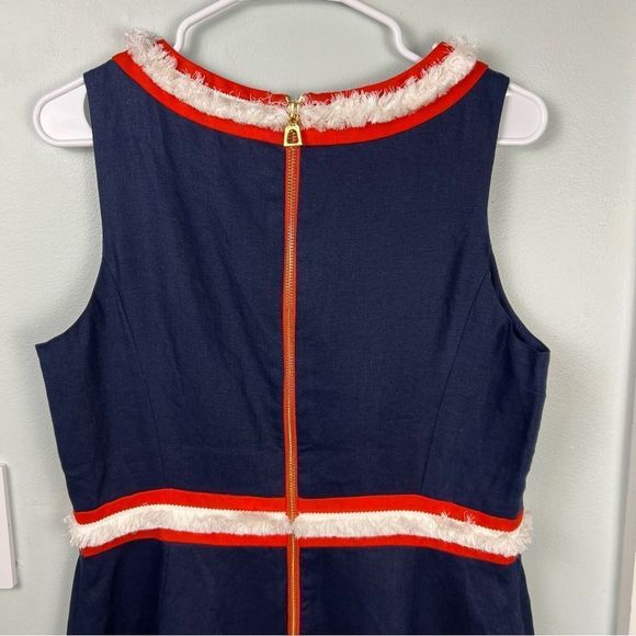 Sail to Sable Raw Trim Details Blue Red Linen Dress Size 10 - Picture 11 of 12